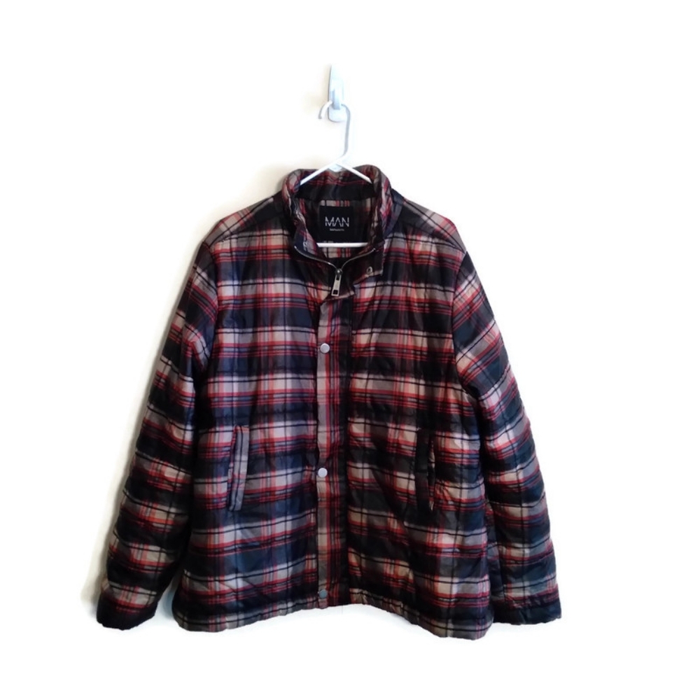 Boohoo Man Lightweight Plaid Multicolor Puffer Parka Jacket Sz Large